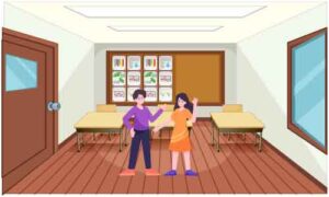 Boy and girl standing in room in different posture