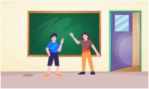 Boys standing in front of green board in different posture