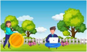 Young man Sitting cross-legged on ground in park work on laptop