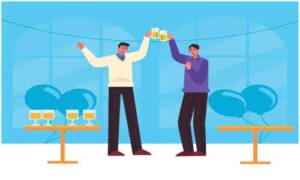 Boys stand in room clinking cups together with drink in their hand upward