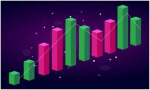 Pink and green pillar display in diagonal shape on dark background