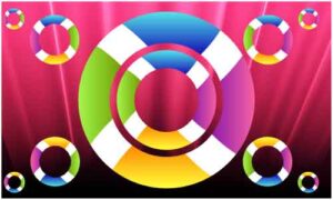 Colourful 3D circle show on red background