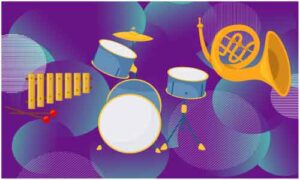 Musical instrument display on colourful background