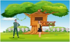 Young man and woman standing in garden near huge tree