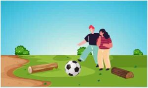 Young man and woman playing football in playground