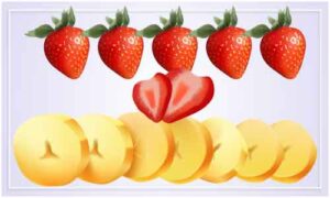 Strawberry and peeled banana pieces display in horizontal line