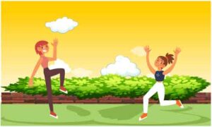 Boy and girl dancing in garden in day time
