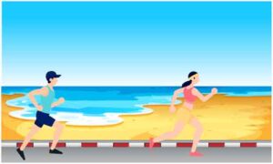 Young man and woman running on road