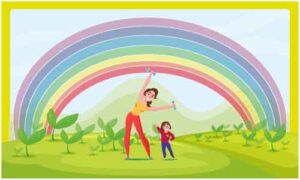 Little baby and young lady doing exercise with dumbbell