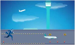 Young man running fast on runway holding file in his hand at airport