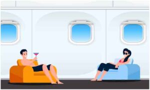 Young guy sit on sofa chair in different colour in front of each other