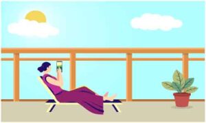 Young girl sit outside on lounger chair playing on mobile
