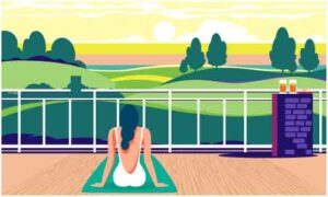 Young girl sit on yoga fitness mat doing exercise