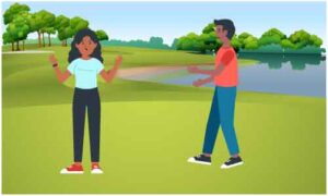 Young guys communicate in open area on green scenery background