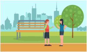 Young boy and girl standing to talk with action at roadside bench