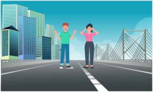 Young guys standing and talk secretly with action in midst of high-way
