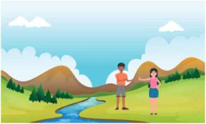 Young couple standing near river and communicate slowly