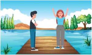 Young couple standing over wooden bridge surrounded by water