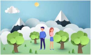 Boy and girl standing in park near mountains and trees in sunny day