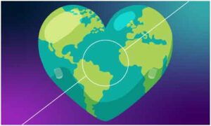World map on green heart shape surface with dark background