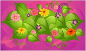 Collection of various green leaves with colourful flowers