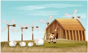 Horse and foal standing near cottage and wind fan
