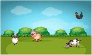Some animals grazing grass in field near big trees