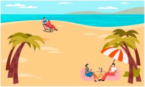 Some people sit on chair near sea under umbrella