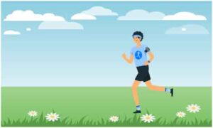 Young boy running in field and doing yoga