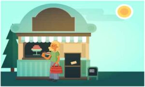 Young girl standing outside bakery shop holding purse in her hand