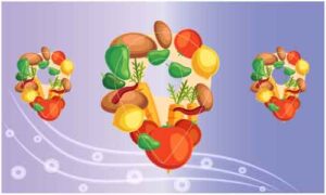 Various fruits and vegetables place at big and small stylish plate