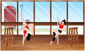 Two young girl practicing gymnastics along pole in exercise room