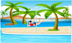 Young girl practicing gymnastic along pole near sea