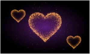 Three golden heart in diagonal shape display on dark purple background