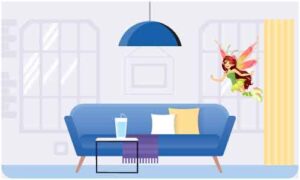 Colourful fairy fly in drawing room above blue sofa-set
