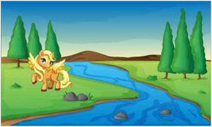 Cartoon Pony in green meadow by riverside landscape