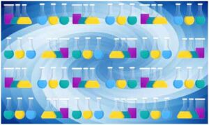 Flask half fill with colourful liquid display in horizontal line