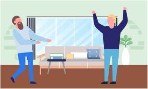 Two men stand in different pose in drawing room