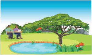 Scenery of young couple sitting in garden near water