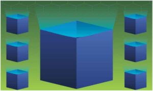 3d blue open cuboid box on abstract green background