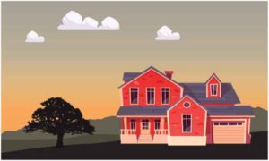 Scenery of colorful cottage with slant roof in cloudy night