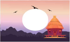 Rest-place during sunrise in hilly area and birds fly in sky