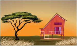 Wooden shelter-house near big tree