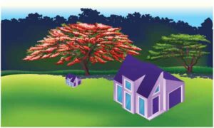Village home in purple slant roof during spring season