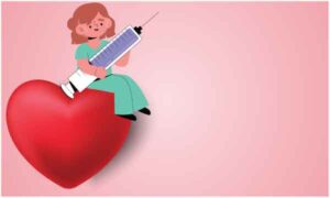 Girl carrying medical injection sit on red heart