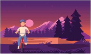 Young boy riding bicycle in the evening near river and hilly area