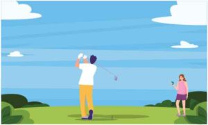 Young couple playing golf in the open area