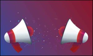 Two loudspeaker sign of horn with star on red and purple background